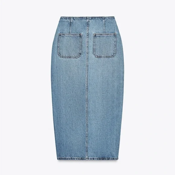 [🌟 PRICE FIRM] ZARA Denim Crossover Midi Skirt Blue Jean Pencil Skirt w/ Slit - Picture 2 of 15